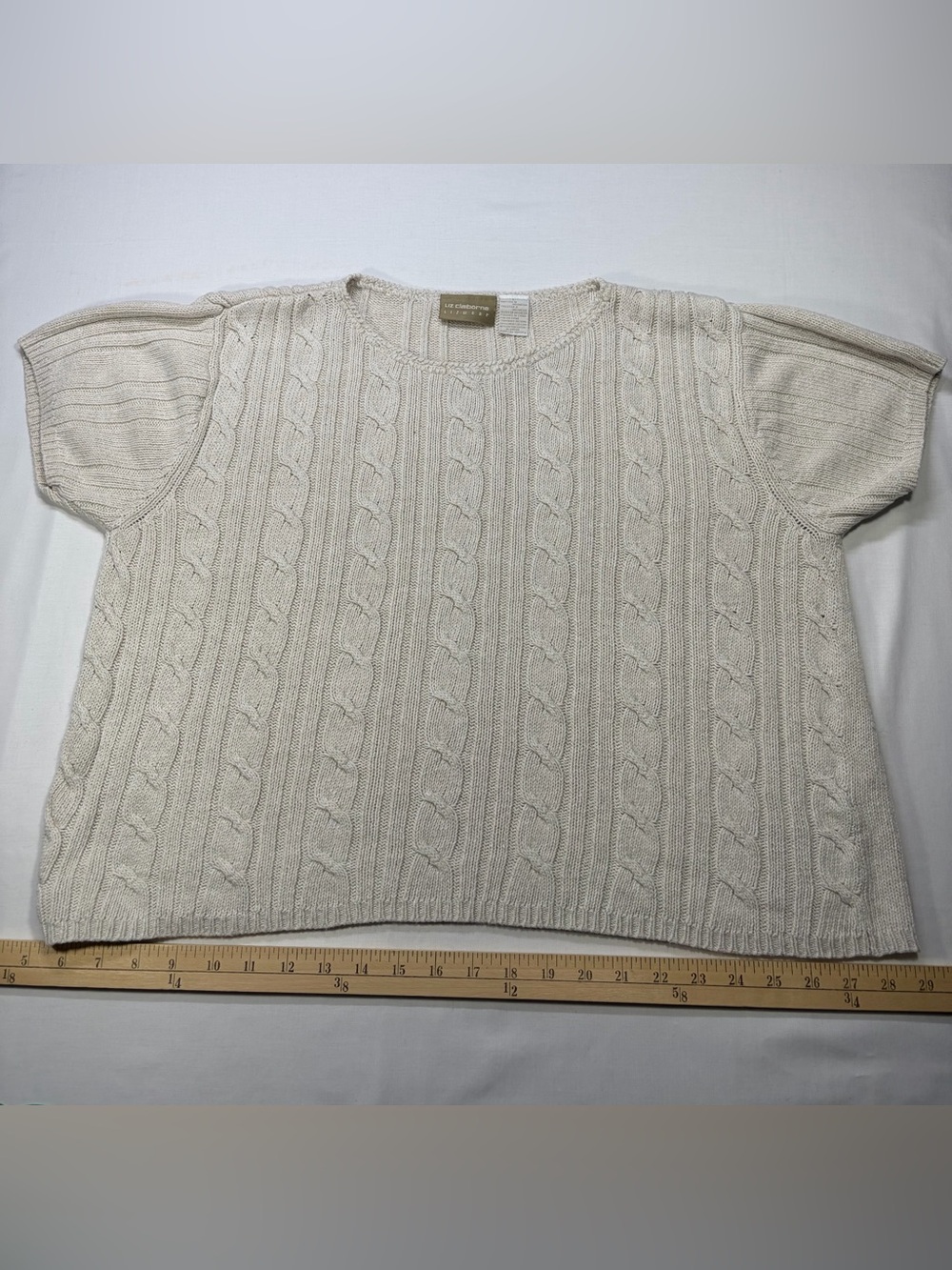 Liz Claiborne Cream Cable-Knit Short Sleeve Crew Sweater